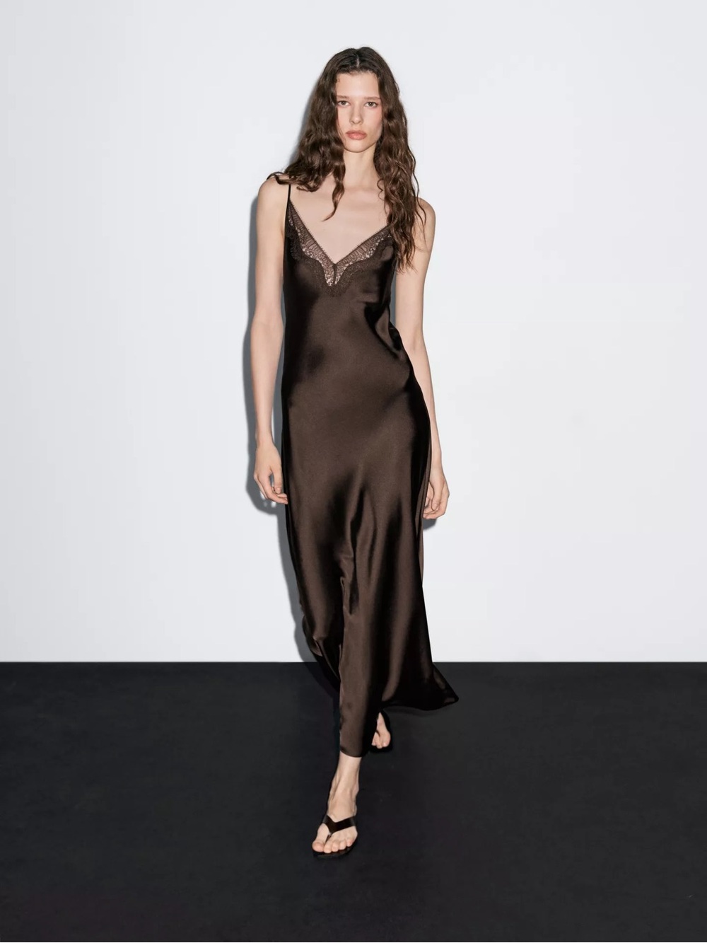 Massimo Dutti Satin Lace-Trim Slip Dress in Dark Brown - Picture 3 of 9